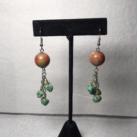 Handmade Fall Earrings Orange Round Stone with Faux Turquoise Dangle Jewelry - Picture 1 of 4